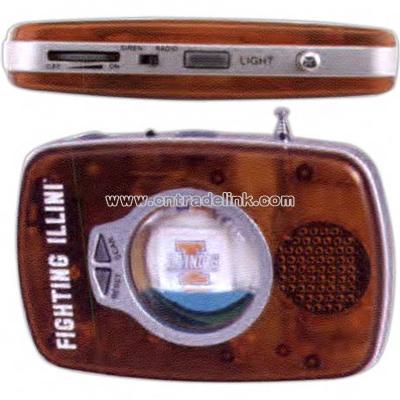 Liquid filled floater FM scan radio with alarm and flashlight