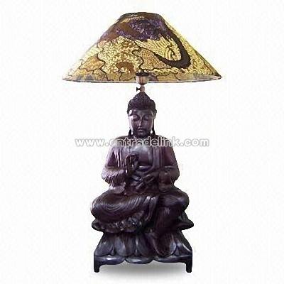 Large Wooden Desk Lamp with Buddha Sculpture Standing