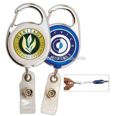 Carabiner badge reel with 40" tape measure cord and metal slip clip backing