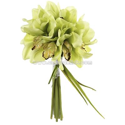 10" Cymbidium Orchid Silk Bridal Bouquet in Green Burgundy