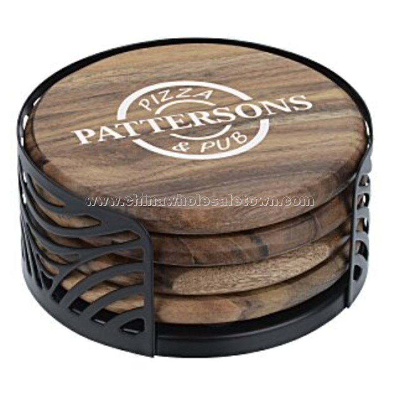 Acacia Wood 4-Piece Coaster Set in Metal Stand - Round