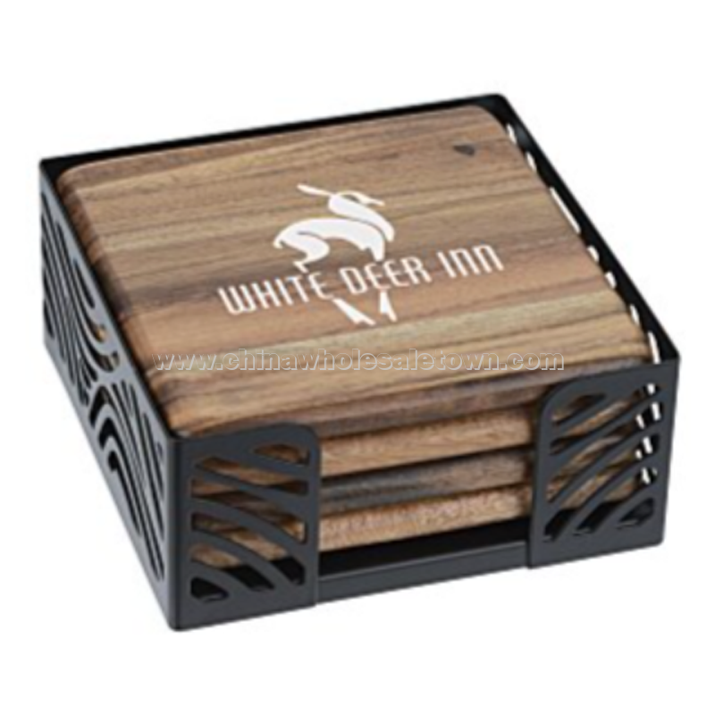 Acacia Wood 4-Piece Coaster Set in Metal Stand - Square