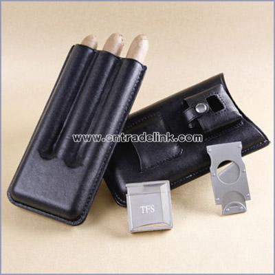 Personalized Cigar Case with Lighter & Cigar Cutter Set