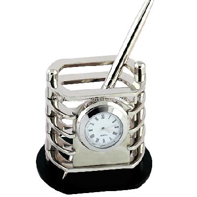 Metal Pen Holder with Clock