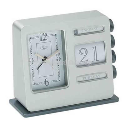 Matte silver metal retro analog desk calendar clock and alarm