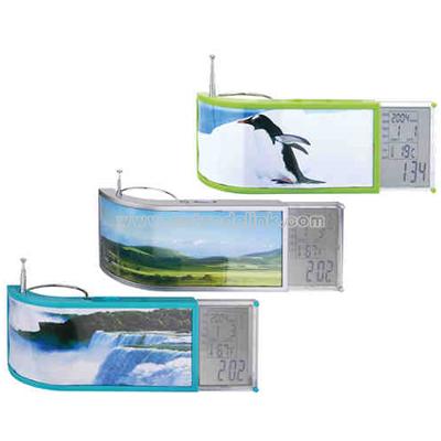 Pen holder with clock, calendar, radio and photo frame