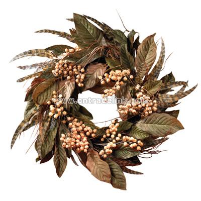 Nearly Natural 24-Inch Artificial Feather and Berry Wreath