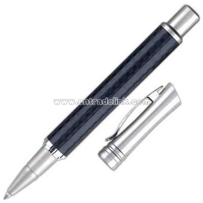 Cap off roller ball pen with carbon fiber barrel and satin nickel cap.