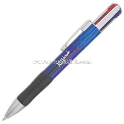 Translucent barrel four ink color ballpoint pen.