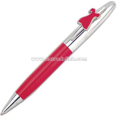 Twist action ballpoint pen with American Heart Association red dress icon on clip.