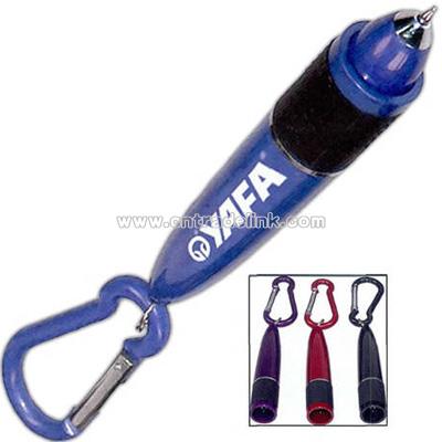 Miniature twist action ballpoint pen with carabiner