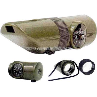 Olive drab 6-in-1 survival whistle kit with LED light