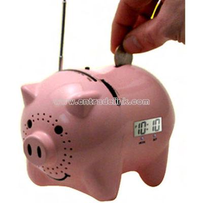 AM/FM clock radio piggy bank with "oink" sound