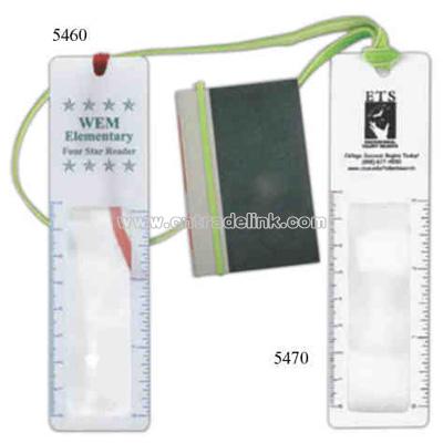 Bookmark red tassel with 3X magnifier Fresnel lens and English and metric scales