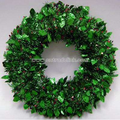 20" Green Tinsel Holly Berry Christmas Wreath