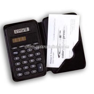 Dual power calculator with a pocket to carry business cards