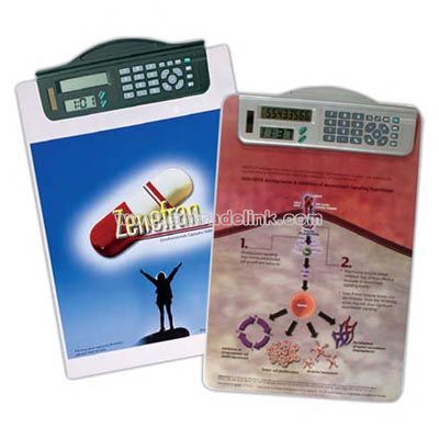 Letter size opaque clipboard with dual power calculator /clock clip