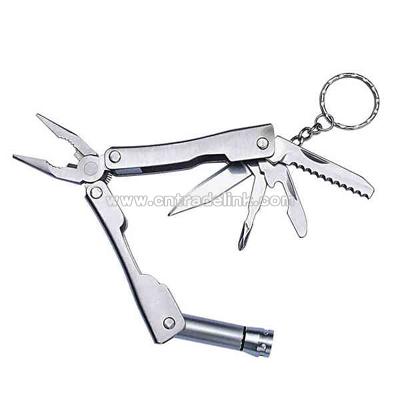 Key chain multi tool with flashlight, pliers, knife, 2 screwdrivers, saw and more