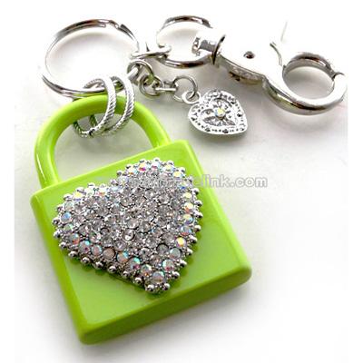 GREEN RHINESTONE HEART PADLOCK METAL KEYCHAIN CHARM