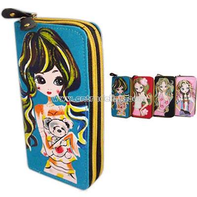 Girl print on zippered canvas wallet