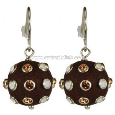 Sterling Silver Wood Resin Cz Ball Drop Earring - Brown