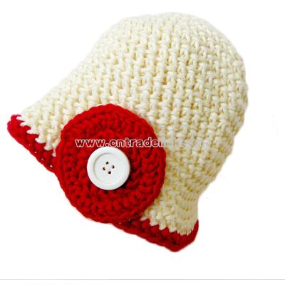 6-12 Month White and Red Baby Button Beanie