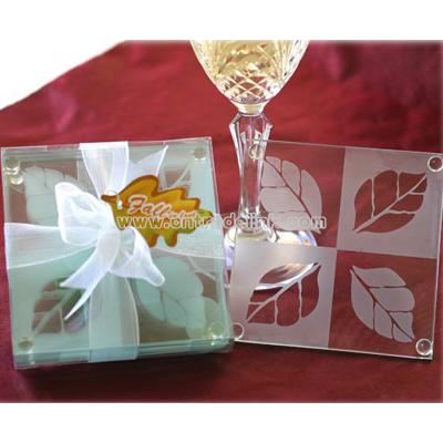 Frosted "Fall in Love" Leaf Design Glass Coaster Set
