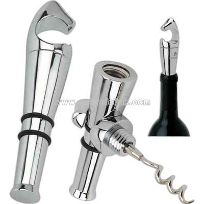 Three in one chrome corkscrew bottle opener and bottle stopper